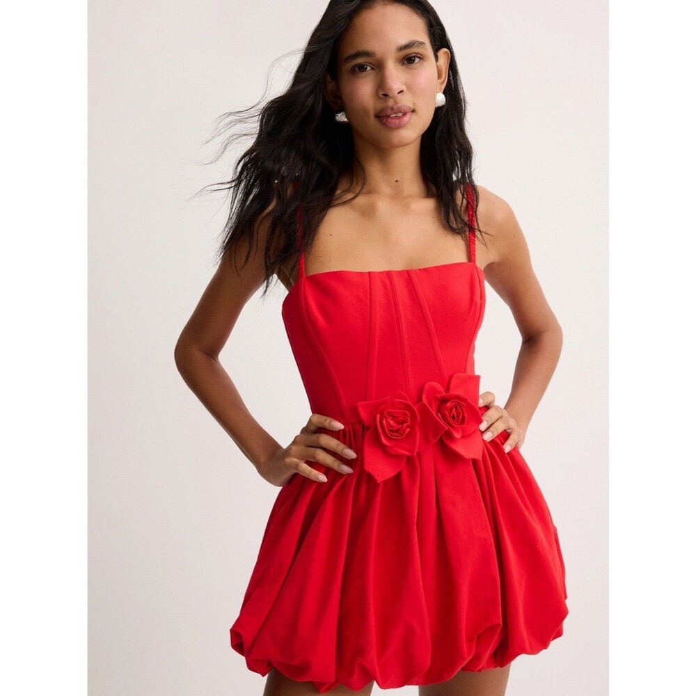 🆕 Aknvas Anais mini red dress w Floral Bubble Hem, party cocktail dress